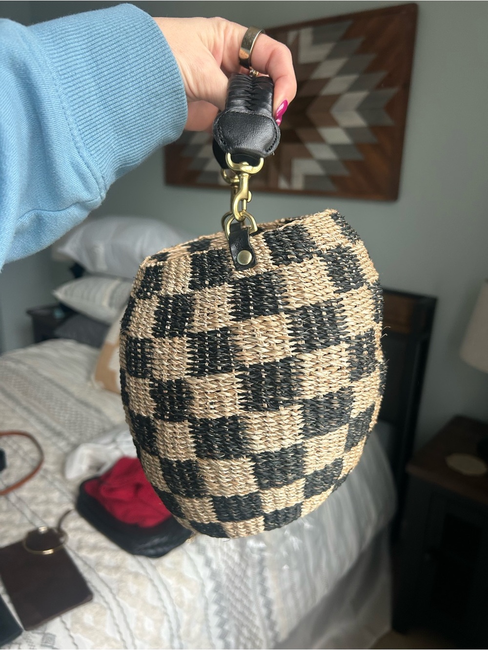 Clare V Pot de Miel Woven Checkered Straw Mini Handbag - Black & Natural - Picture 3 of 5